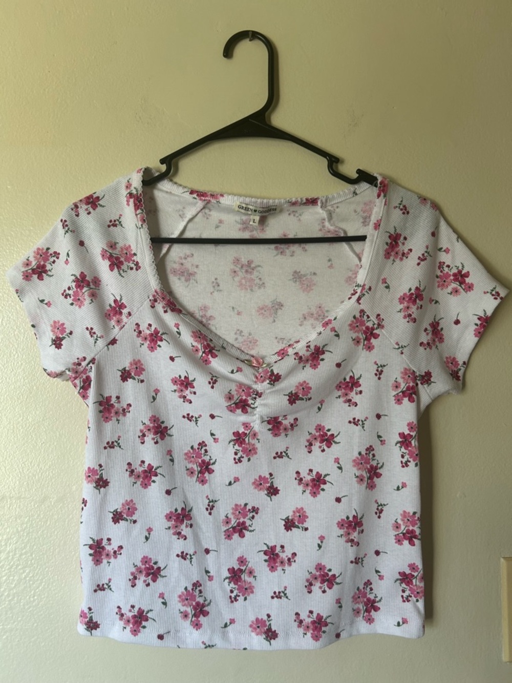 Coquette Pink Rose Print L Babydoll Tee Cottagecore Romantic Dainty Twee Chic